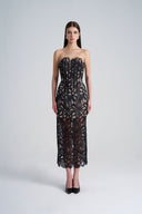 Front of Black Lace Mesh Floral Off Shoulder Midi Dress, from LASSY, The Viet Concept
