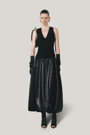 Front of Black Lacey Bodycon V-Neck Satin Crepe Top for women, from LECIA, The Viet Concept 