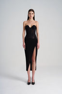 Front of Black Mesh Corset Off Shoulder Midi Split Dress from LASSY, The Viet Concept
