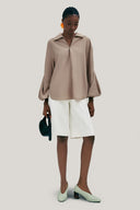 Front of Brown Chamomile Straight Collared Neck Poplin High-low Shirt for women, from LECIA, The Viet Concept