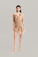 Front of Caramel Off-Shoulder Mini Shirt-Dress for women, form MUST HAVE, The Viet Concept