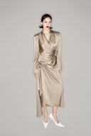 bronze satin midi dress Bronze Coast Bow One Shoulder Asymmetric Satin Midi Dress