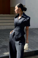 KEIRA TONG • Asymmetric Striped Wrap Shirt with Oversized Lapel