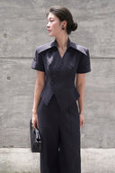 KEIRA TONG • Asymmetric Striped Wrap Shirt with Oversized Lapel