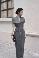 KEIRA TONG • Gray Linen Cape Button-Embellished Pencil Dress