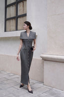 KEIRA TONG • Gray Linen Cape Button-Embellished Pencil Dress