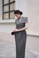 KEIRA TONG • Gray Linen Cape Button-Embellished Pencil Dress