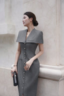 KEIRA TONG • Gray Linen Cape Button-Embellished Pencil Dress