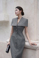 KEIRA TONG • Gray Linen Cape Button-Embellished Pencil Dress