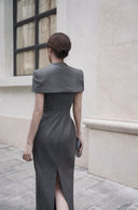 KEIRA TONG • Gray Linen Cape Button-Embellished Pencil Dress