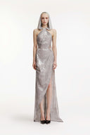 SORAMAME • Ice Grey Otherwise Halter Sequin Hooded Gown
