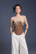 KEIRA TONG • Bouquet Linen Sculpted Corset Top with Floral Accent