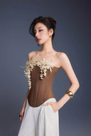 KEIRA TONG • Bouquet Linen Sculpted Corset Top with Floral Accent