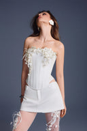 KEIRA TONG • Bouquet Linen Sculpted Corset Top with Floral Accent