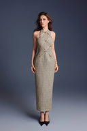 KEIRA TONG • Checkered Metallic Tweed Cut-Out Sleeveless Maxi Dress