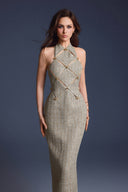 KEIRA TONG • Checkered Metallic Tweed Cut-Out Sleeveless Maxi Dress