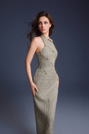 KEIRA TONG • Checkered Metallic Tweed Cut-Out Sleeveless Maxi Dress