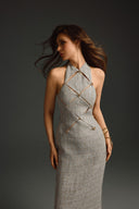KEIRA TONG • Checkered Metallic Tweed Cut-Out Sleeveless Maxi Dress