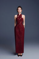 KEIRA TONG • Checkered Metallic Tweed Cut-Out Sleeveless Maxi Dress