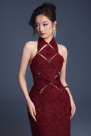 KEIRA TONG • Checkered Metallic Tweed Cut-Out Sleeveless Maxi Dress