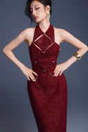 KEIRA TONG • Checkered Metallic Tweed Cut-Out Sleeveless Maxi Dress