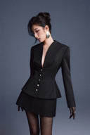 KEIRA TONG • Folded Buttons Pleated Peplum Twill Viscose Blouse