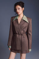 KEIRA TONG • Minimal Fitted Buttonless Woven Khaki Suit Blazer