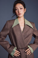 KEIRA TONG • Minimal Fitted Buttonless Woven Khaki Suit Blazer