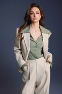 KEIRA TONG • Double-Breasted Flap Padded Shoulder Khaki Blazer