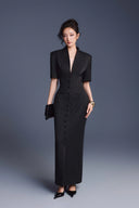 KEIRA TONG • Folded Buttons Pleated Long-Sleeve Pencil Maxi Dress