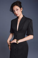 KEIRA TONG • Folded Buttons Pleated Long-Sleeve Pencil Maxi Dress