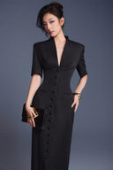 KEIRA TONG • Folded Buttons Pleated Long-Sleeve Pencil Maxi Dress