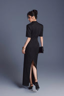 KEIRA TONG • Folded Buttons Pleated Long-Sleeve Pencil Maxi Dress