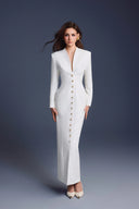 KEIRA TONG • Folded Buttons Pleated Long-Sleeve Pencil Maxi Dress