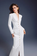 KEIRA TONG • Folded Buttons Pleated Long-Sleeve Pencil Maxi Dress