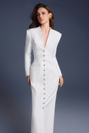 KEIRA TONG • Folded Buttons Pleated Long-Sleeve Pencil Maxi Dress