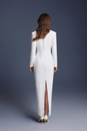 KEIRA TONG • Folded Buttons Pleated Long-Sleeve Pencil Maxi Dress