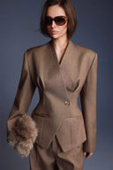 KEIRA TONG • Folded Sculptural Front-Button Woven Khaki Blazer