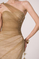 HAYTAN • Regalia Courage Taupe Embellished One-Shoulder Evening Gown