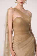 HAYTAN • Regalia Courage Taupe Embellished One-Shoulder Evening Gown