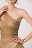 HAYTAN • Regalia Courage Taupe Embellished One-Shoulder Evening Gown