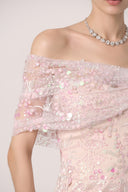 HAYTAN • Soleil Presence Hand-Embellished Pink Off-Shoulder Lace Evening Gown