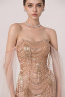 HAYTAN • Asteria Fearless Pink Crystal Fringe Off-Shoulder Gown