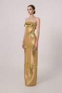 HAYTAN • Crown of Ambition Hand-Embellished Crystal Fringe Gold Taffeta Gown