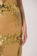 HAYTAN • Crown of Ambition Hand-Embellished Crystal Fringe Gold Taffeta Gown