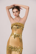 HAYTAN • Crown of Ambition Hand-Embellished Crystal Fringe Gold Taffeta Gown