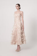 HAYTAN • Elysian Dream Beige Embellished Lace & Sculpted Mesh Midi Dress