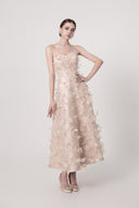 HAYTAN • Elysian Dream Beige Embellished Lace & Sculpted Mesh Midi Dress