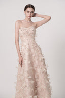 HAYTAN • Elysian Dream Beige Embellished Lace & Sculpted Mesh Midi Dress