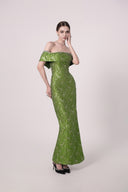 HAYTAN • Verdant Becoming Emerald Green Off-Shoulder Rhinestone Gown